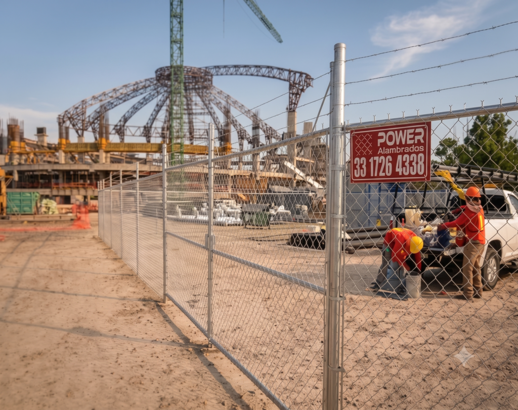 Cerca de malla ciclónica con alambre de púas en la obra de construcción de Arena Guadalajara, con trabajadores y una camioneta.