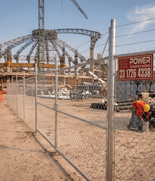 Cerca de malla ciclónica con alambre de púas en la obra de construcción de Arena Guadalajara, con trabajadores y una camioneta.